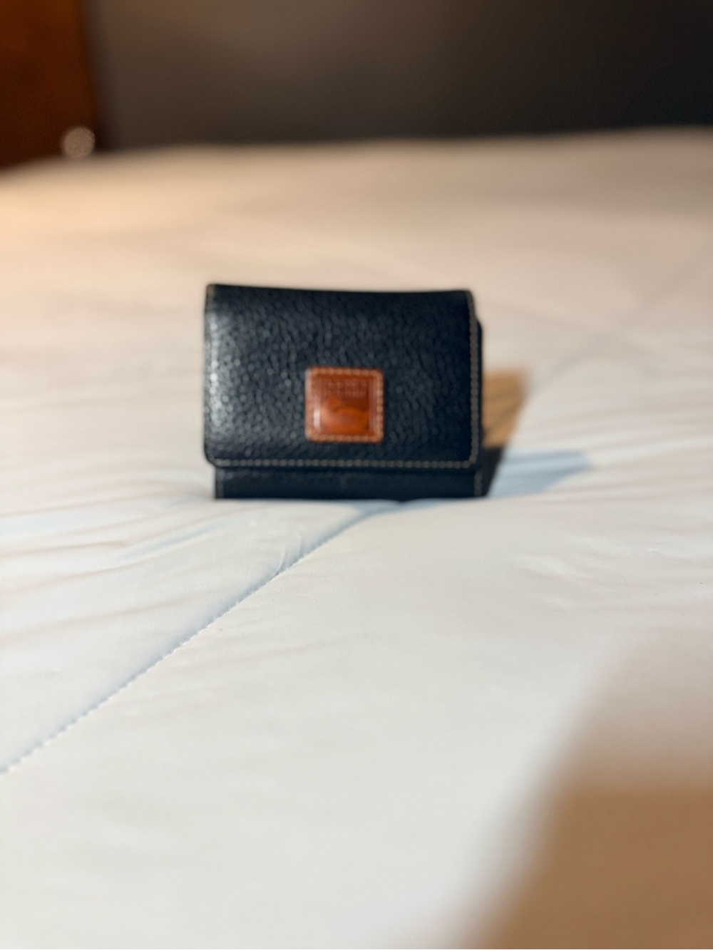 Dooney & Bourke Black Leather Trifold Wallet with Brown Patch